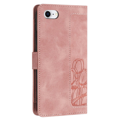 For iPhone 16e Tulips Embossed Leather Phone Case with Lanyard(Pink) - iPhone 16e Cases by buy2fix | Online Shopping UK | buy2fix