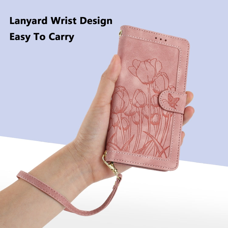 For iPhone 16e Tulips Embossed Leather Phone Case with Lanyard(Pink) - iPhone 16e Cases by buy2fix | Online Shopping UK | buy2fix