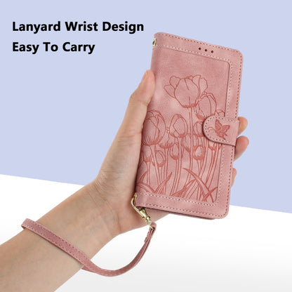 For iPhone 16e Tulips Embossed Leather Phone Case with Lanyard(Pink) - iPhone 16e Cases by buy2fix | Online Shopping UK | buy2fix