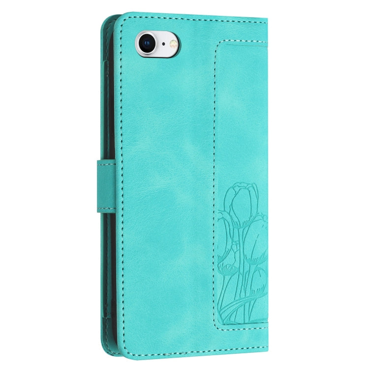For iPhone 16e Tulips Embossed Leather Phone Case with Lanyard(Green) - iPhone 16e Cases by buy2fix | Online Shopping UK | buy2fix
