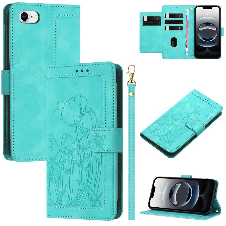 For iPhone 16e Tulips Embossed Leather Phone Case with Lanyard(Green) - iPhone 16e Cases by buy2fix | Online Shopping UK | buy2fix