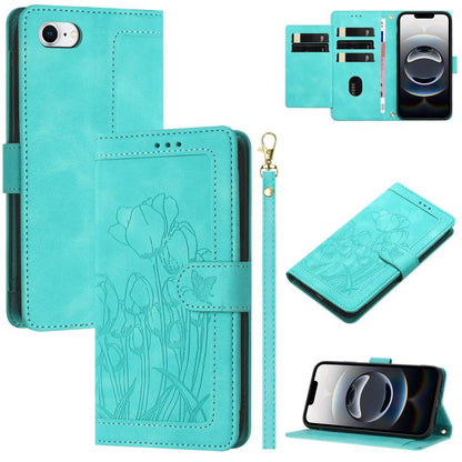 For iPhone 16e Tulips Embossed Leather Phone Case with Lanyard(Green) - iPhone 16e Cases by buy2fix | Online Shopping UK | buy2fix