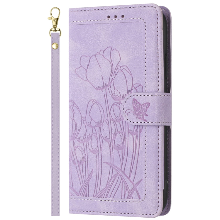 For iPhone 16e Tulips Embossed Leather Phone Case with Lanyard(Purple) - iPhone 16e Cases by buy2fix | Online Shopping UK | buy2fix