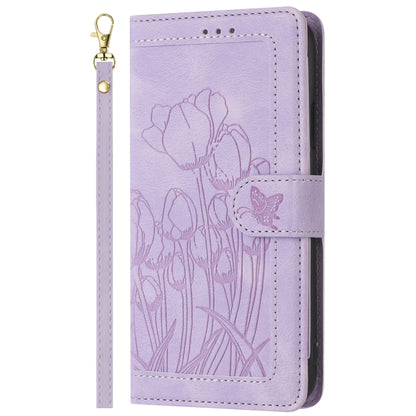 For iPhone 16e Tulips Embossed Leather Phone Case with Lanyard(Purple) - iPhone 16e Cases by buy2fix | Online Shopping UK | buy2fix