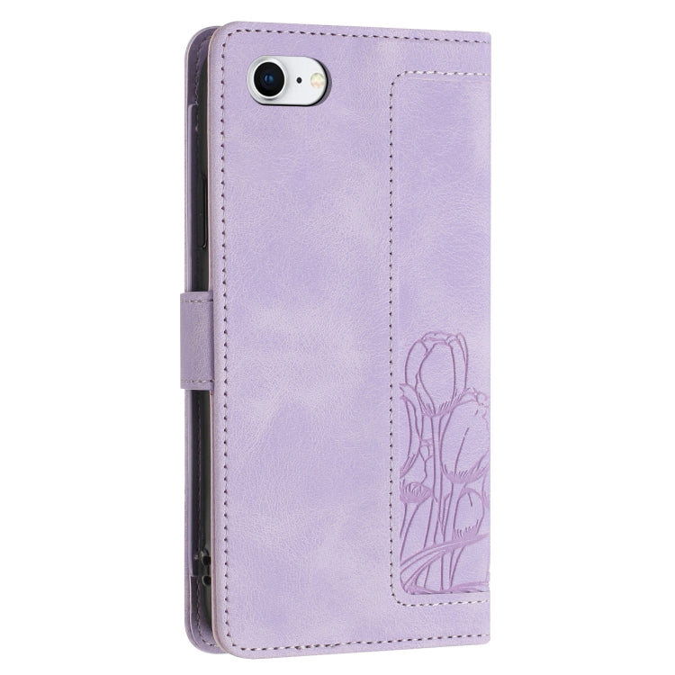 For iPhone 16e Tulips Embossed Leather Phone Case with Lanyard(Purple) - iPhone 16e Cases by buy2fix | Online Shopping UK | buy2fix