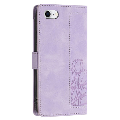 For iPhone 16e Tulips Embossed Leather Phone Case with Lanyard(Purple) - iPhone 16e Cases by buy2fix | Online Shopping UK | buy2fix