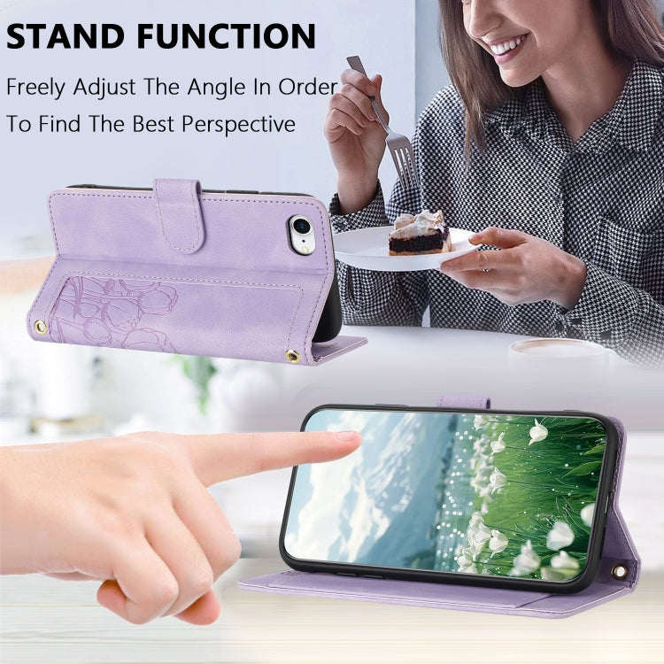 For iPhone 16e Tulips Embossed Leather Phone Case with Lanyard(Purple) - iPhone 16e Cases by buy2fix | Online Shopping UK | buy2fix