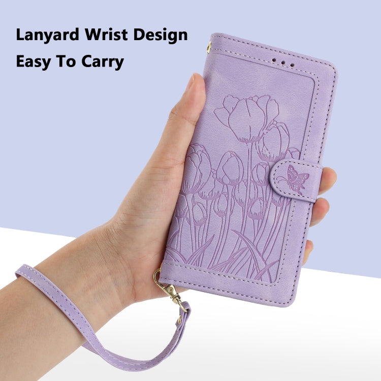 For iPhone 16e Tulips Embossed Leather Phone Case with Lanyard(Purple) - iPhone 16e Cases by buy2fix | Online Shopping UK | buy2fix