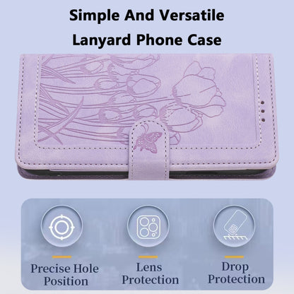 For iPhone 16e Tulips Embossed Leather Phone Case with Lanyard(Purple) - iPhone 16e Cases by buy2fix | Online Shopping UK | buy2fix