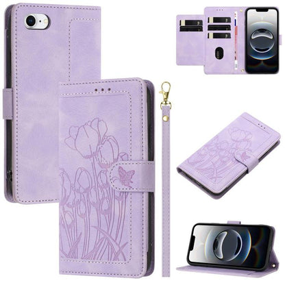 For iPhone 16e Tulips Embossed Leather Phone Case with Lanyard(Purple) - iPhone 16e Cases by buy2fix | Online Shopping UK | buy2fix
