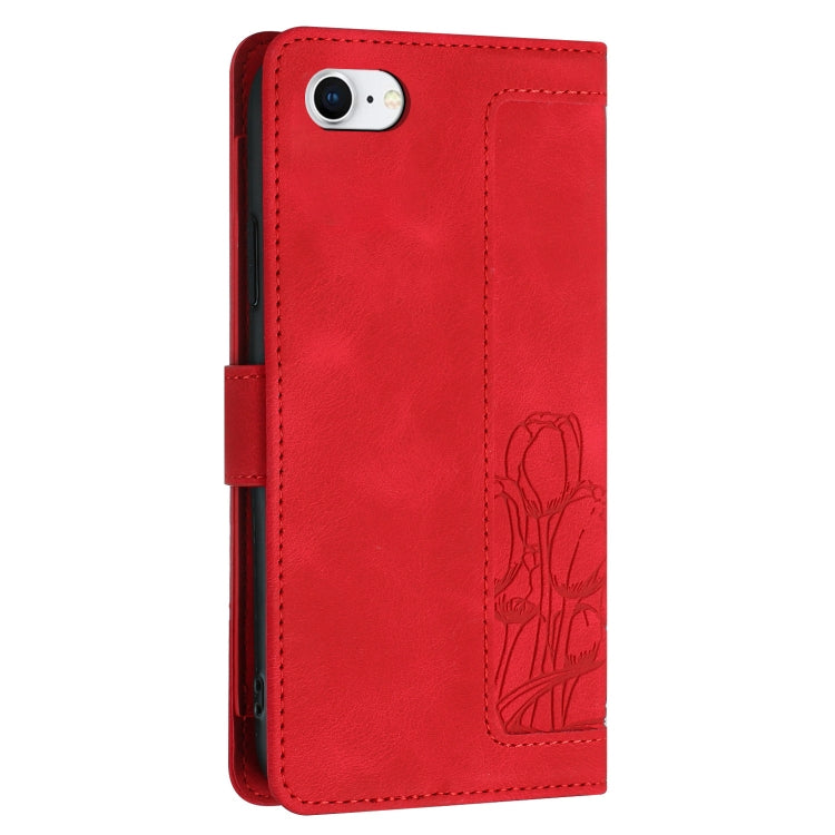 For iPhone 16e Tulips Embossed Leather Phone Case with Lanyard(Red) - iPhone 16e Cases by buy2fix | Online Shopping UK | buy2fix