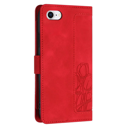 For iPhone 16e Tulips Embossed Leather Phone Case with Lanyard(Red) - iPhone 16e Cases by buy2fix | Online Shopping UK | buy2fix