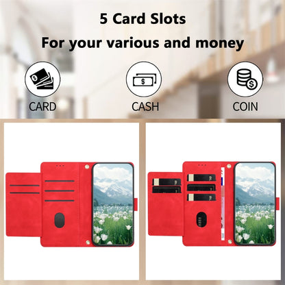 For iPhone 16e Tulips Embossed Leather Phone Case with Lanyard(Red) - iPhone 16e Cases by buy2fix | Online Shopping UK | buy2fix