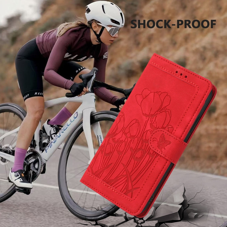 For iPhone 16e Tulips Embossed Leather Phone Case with Lanyard(Red) - iPhone 16e Cases by buy2fix | Online Shopping UK | buy2fix