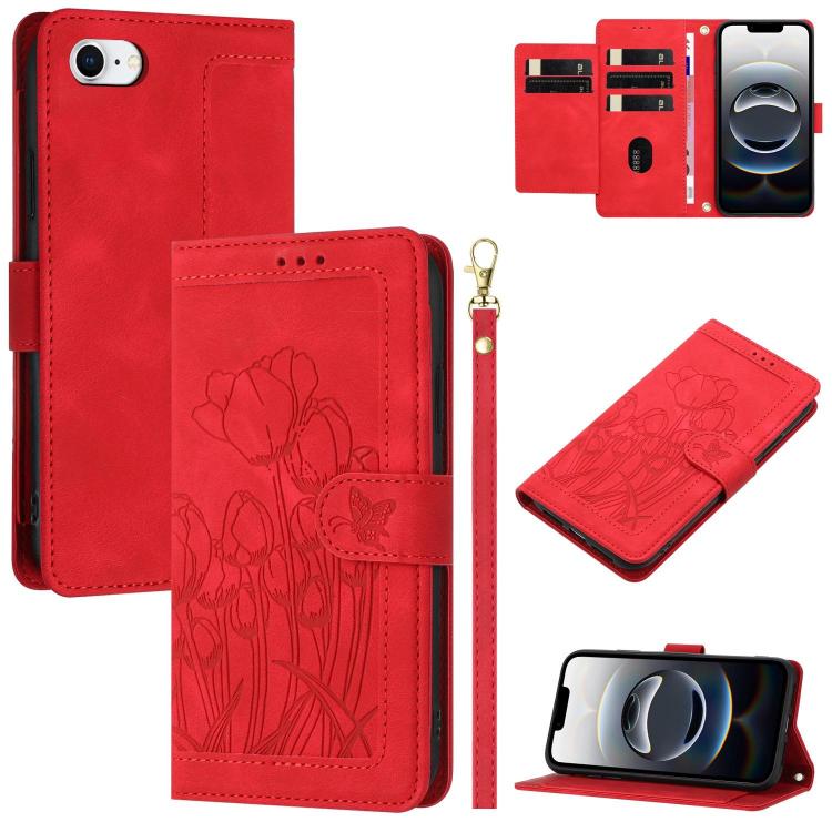 For iPhone 16e Tulips Embossed Leather Phone Case with Lanyard(Red) - iPhone 16e Cases by buy2fix | Online Shopping UK | buy2fix