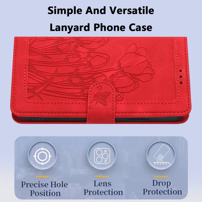 For iPhone 16e Tulips Embossed Leather Phone Case with Lanyard(Red) - iPhone 16e Cases by buy2fix | Online Shopping UK | buy2fix