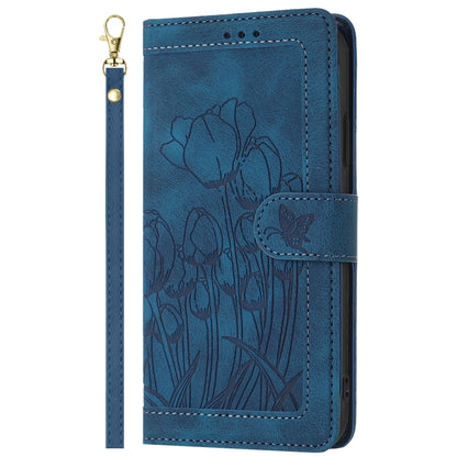 For iPhone 16e Tulips Embossed Leather Phone Case with Lanyard(Blue) - iPhone 16e Cases by buy2fix | Online Shopping UK | buy2fix