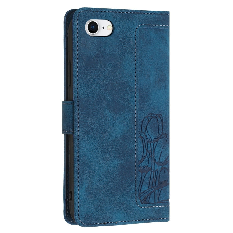 For iPhone 16e Tulips Embossed Leather Phone Case with Lanyard(Blue) - iPhone 16e Cases by buy2fix | Online Shopping UK | buy2fix