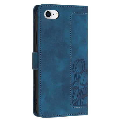 For iPhone 16e Tulips Embossed Leather Phone Case with Lanyard(Blue) - iPhone 16e Cases by buy2fix | Online Shopping UK | buy2fix