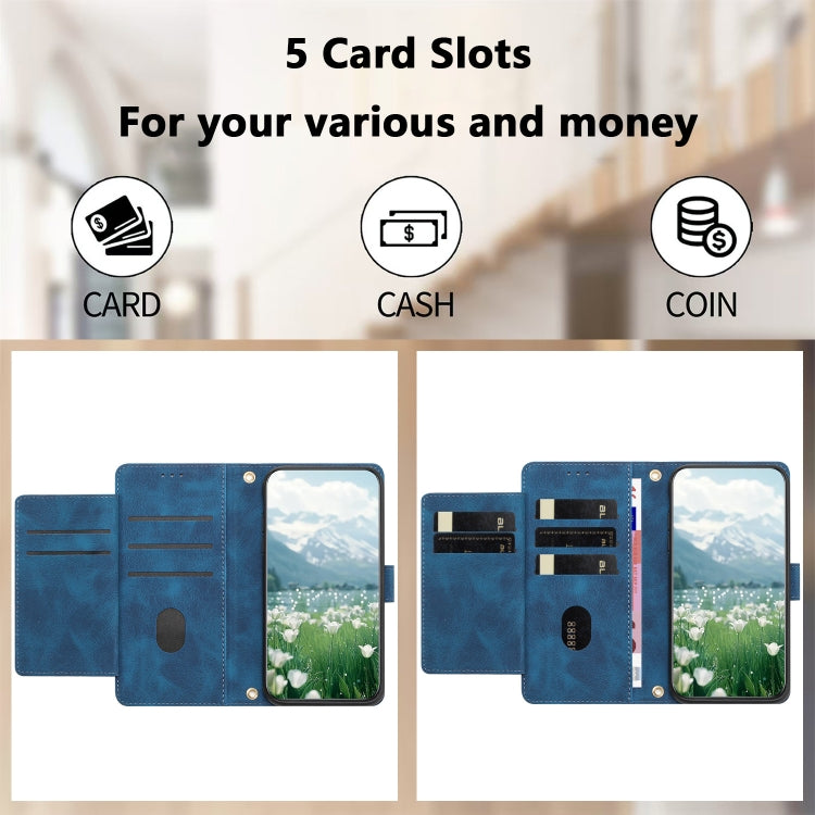 For iPhone 16e Tulips Embossed Leather Phone Case with Lanyard(Blue) - iPhone 16e Cases by buy2fix | Online Shopping UK | buy2fix