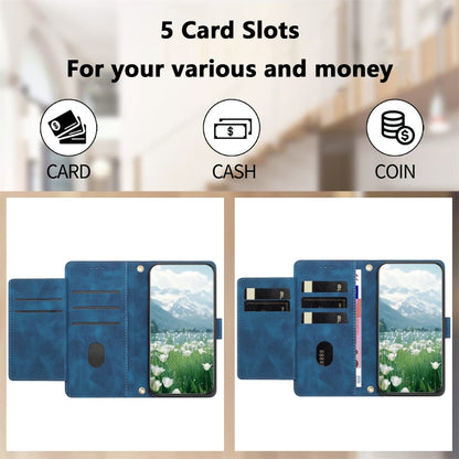 For iPhone 16e Tulips Embossed Leather Phone Case with Lanyard(Blue) - iPhone 16e Cases by buy2fix | Online Shopping UK | buy2fix