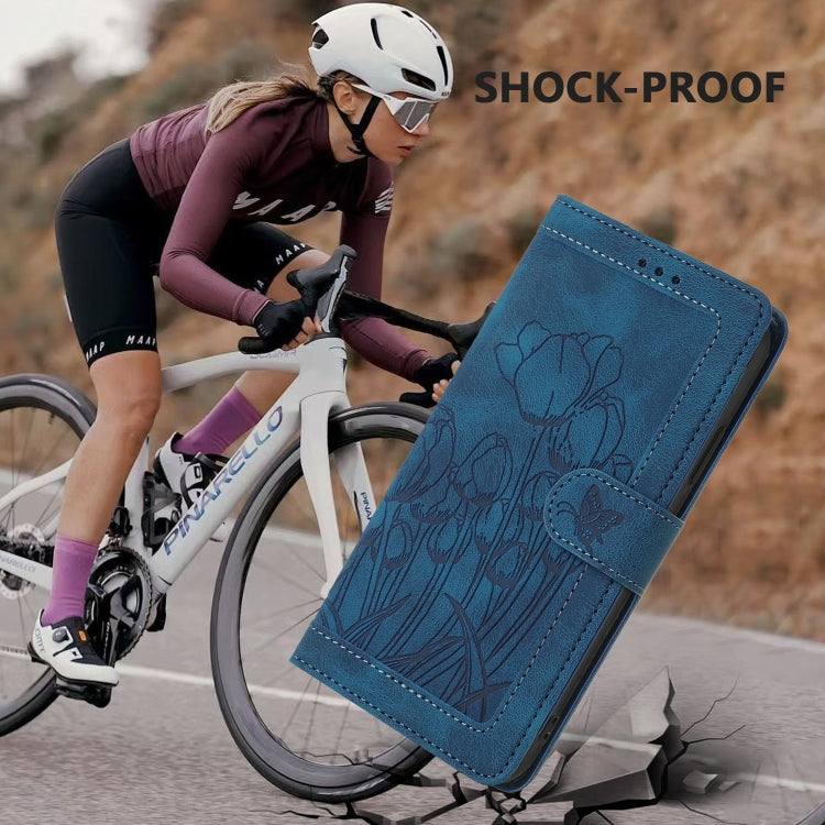 For iPhone 16e Tulips Embossed Leather Phone Case with Lanyard(Blue) - iPhone 16e Cases by buy2fix | Online Shopping UK | buy2fix