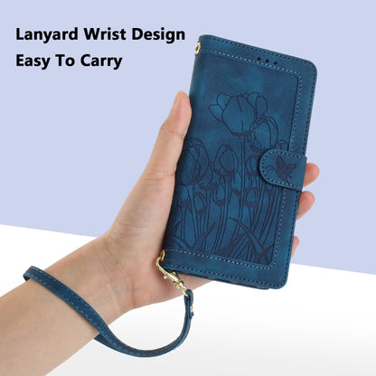 For iPhone 16e Tulips Embossed Leather Phone Case with Lanyard(Blue) - iPhone 16e Cases by buy2fix | Online Shopping UK | buy2fix