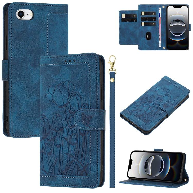 For iPhone 16e Tulips Embossed Leather Phone Case with Lanyard(Blue) - iPhone 16e Cases by buy2fix | Online Shopping UK | buy2fix