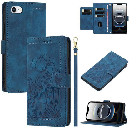 For iPhone 16e Tulips Embossed Leather Phone Case with Lanyard(Blue) - iPhone 16e Cases by buy2fix | Online Shopping UK | buy2fix