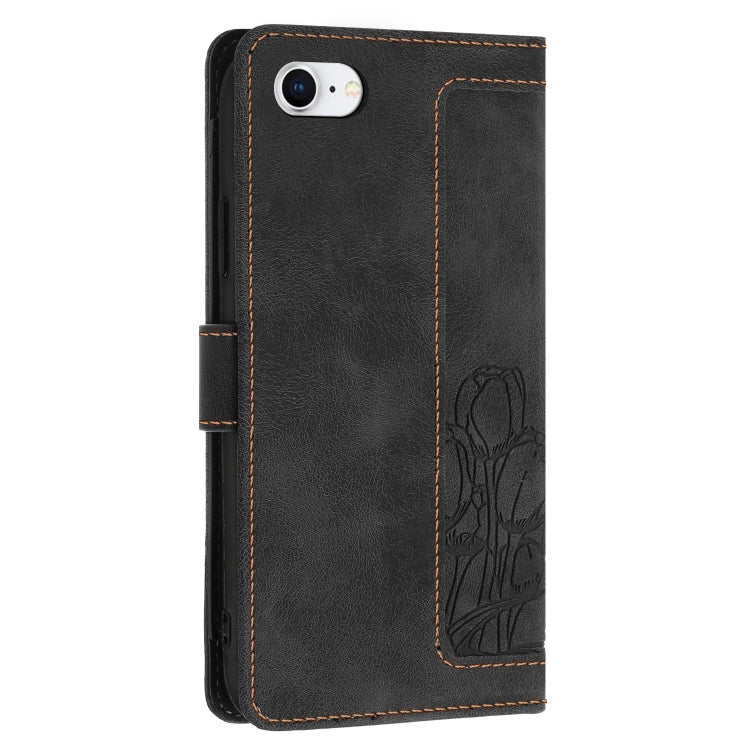 For iPhone 16e Tulips Embossed Leather Phone Case with Lanyard(Black) - iPhone 16e Cases by buy2fix | Online Shopping UK | buy2fix