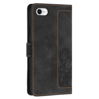 For iPhone 16e Tulips Embossed Leather Phone Case with Lanyard(Black) - iPhone 16e Cases by buy2fix | Online Shopping UK | buy2fix