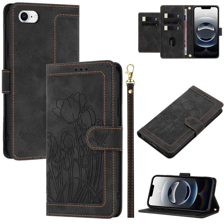 For iPhone 16e Tulips Embossed Leather Phone Case with Lanyard(Black) - iPhone 16e Cases by buy2fix | Online Shopping UK | buy2fix