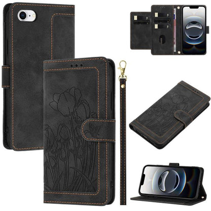For iPhone 16e Tulips Embossed Leather Phone Case with Lanyard(Black) - iPhone 16e Cases by buy2fix | Online Shopping UK | buy2fix