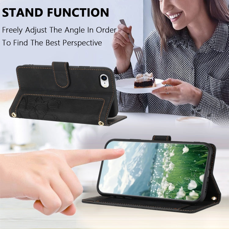 For iPhone 16e Tulips Embossed Leather Phone Case with Lanyard(Black) - iPhone 16e Cases by buy2fix | Online Shopping UK | buy2fix