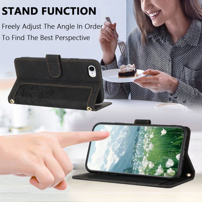 For iPhone 16e Tulips Embossed Leather Phone Case with Lanyard(Black) - iPhone 16e Cases by buy2fix | Online Shopping UK | buy2fix