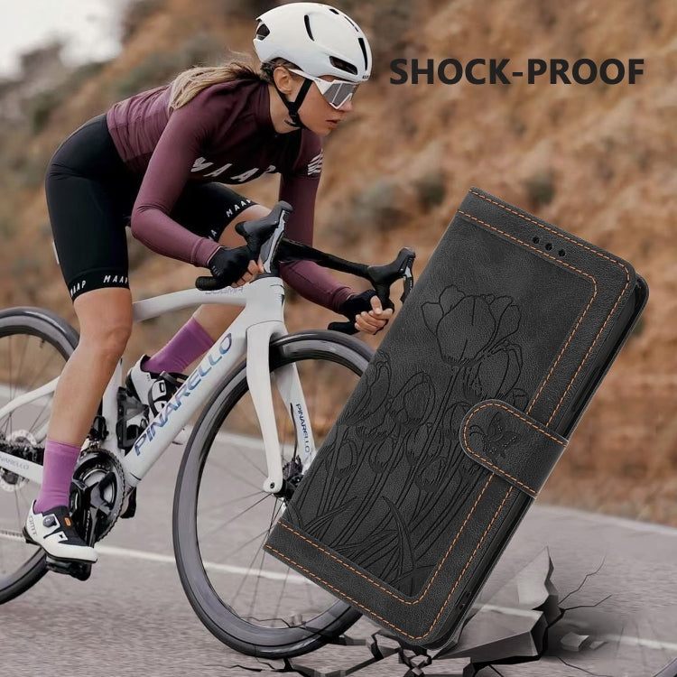 For iPhone 16e Tulips Embossed Leather Phone Case with Lanyard(Black) - iPhone 16e Cases by buy2fix | Online Shopping UK | buy2fix