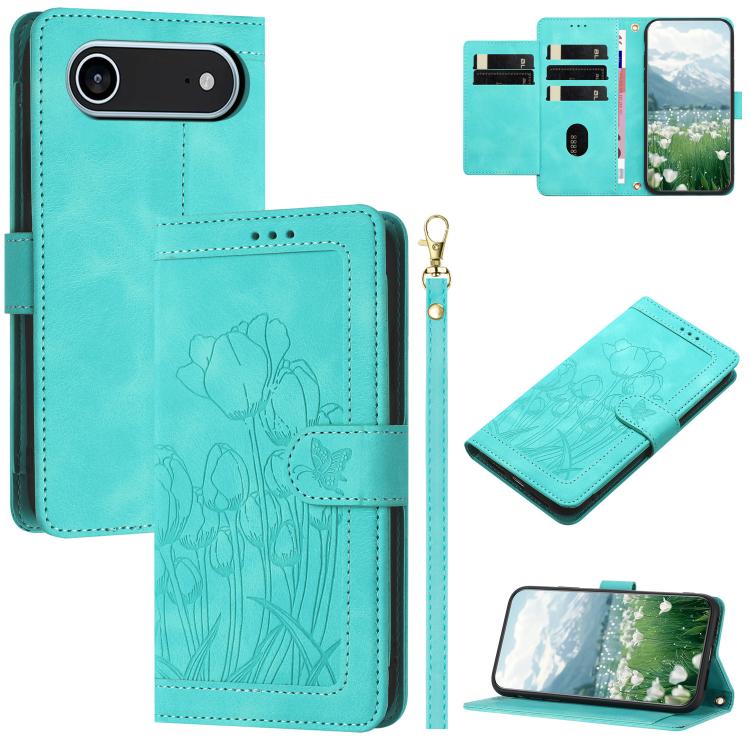 For iPhone Air Tulips Embossed Leather Phone Case with Lanyard(Green) - iPhone Air Cases by buy2fix | Online Shopping UK | buy2fix