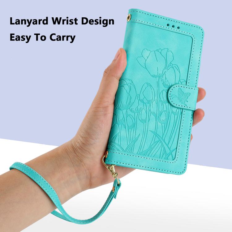 For iPhone Air Tulips Embossed Leather Phone Case with Lanyard(Green) - iPhone Air Cases by buy2fix | Online Shopping UK | buy2fix