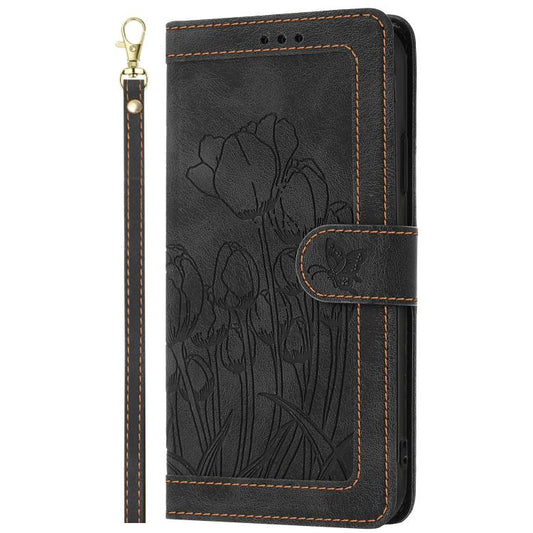 For iPhone Air Tulips Embossed Leather Phone Case with Lanyard(Black) - iPhone Air Cases by buy2fix | Online Shopping UK | buy2fix