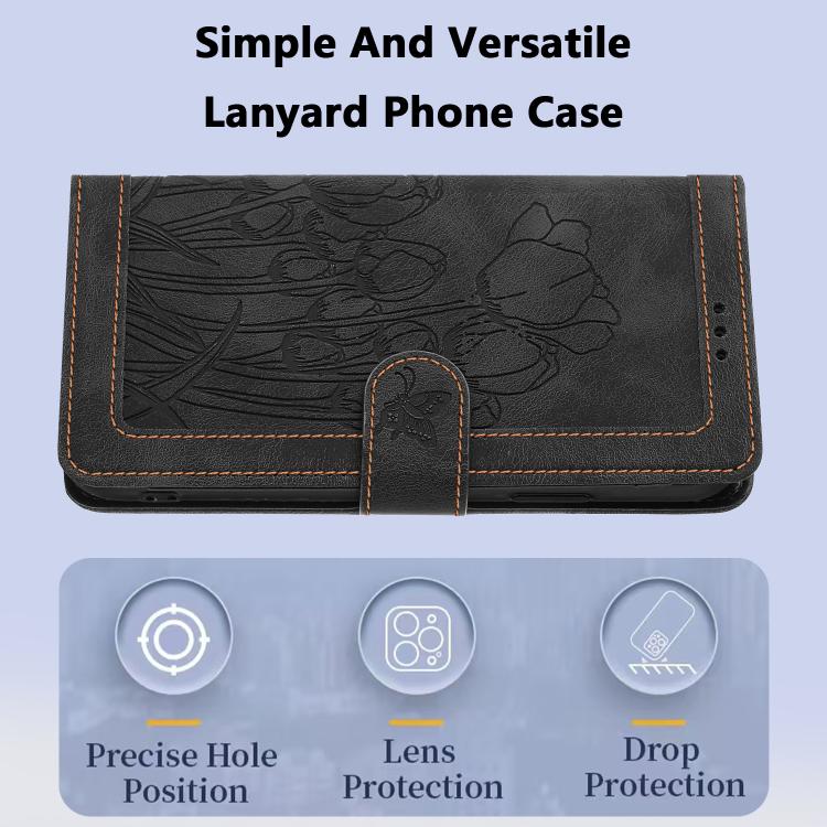 For iPhone Air Tulips Embossed Leather Phone Case with Lanyard(Black) - iPhone Air Cases by buy2fix | Online Shopping UK | buy2fix