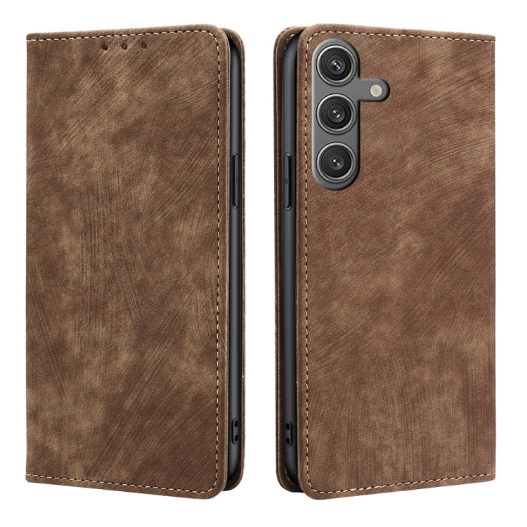 For Samsung Galaxy S25 5G RFID Anti-theft Brush Magnetic Leather Phone Case(Brown) by buy2fix