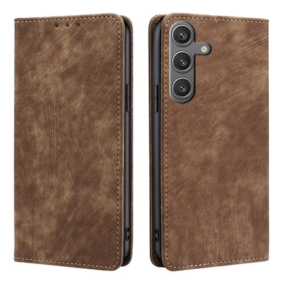 For Samsung Galaxy S25 5G RFID Anti-theft Brush Magnetic Leather Phone Case(Brown) by buy2fix