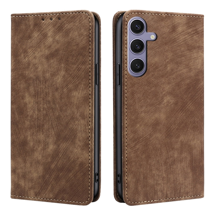 For Samsung Galaxy S25+ 5G RFID Anti-theft Brush Magnetic Leather Phone Case(Brown) by buy2fix