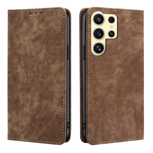 For Samsung Galaxy S25 Ultra 5G RFID Anti-theft Brush Magnetic Leather Phone Case(Brown) by buy2fix