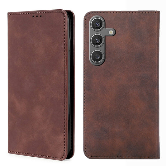 For Samsung Galaxy S25 5G Skin Feel Magnetic Leather Phone Case(Dark Brown) by buy2fix