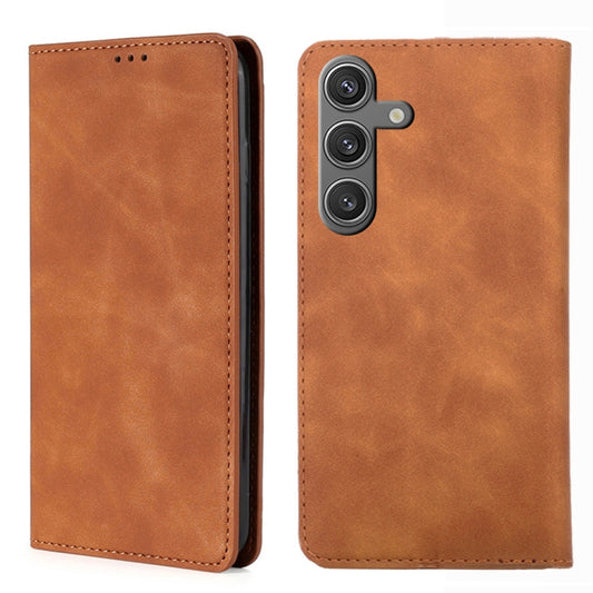 For Samsung Galaxy S25 5G Skin Feel Magnetic Leather Phone Case(Light Brown) by buy2fix