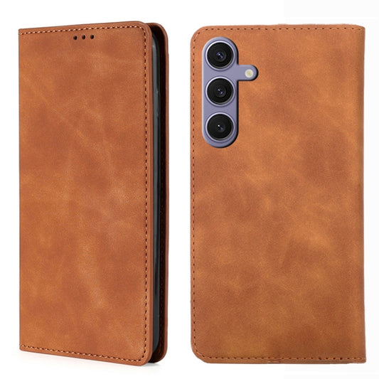 For Samsung Galaxy S25+ 5G Skin Feel Magnetic Leather Phone Case(Light Brown) by buy2fix