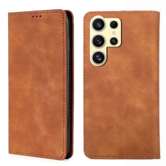 For Samsung Galaxy S25 Ultra 5G Skin Feel Magnetic Leather Phone Case(Light Brown) by buy2fix