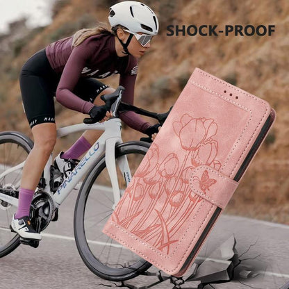 For Google Pixel 10 Tulips Embossed Leather Phone Case with Lanyard(Pink) - Google Cases by buy2fix | Online Shopping UK | buy2fix