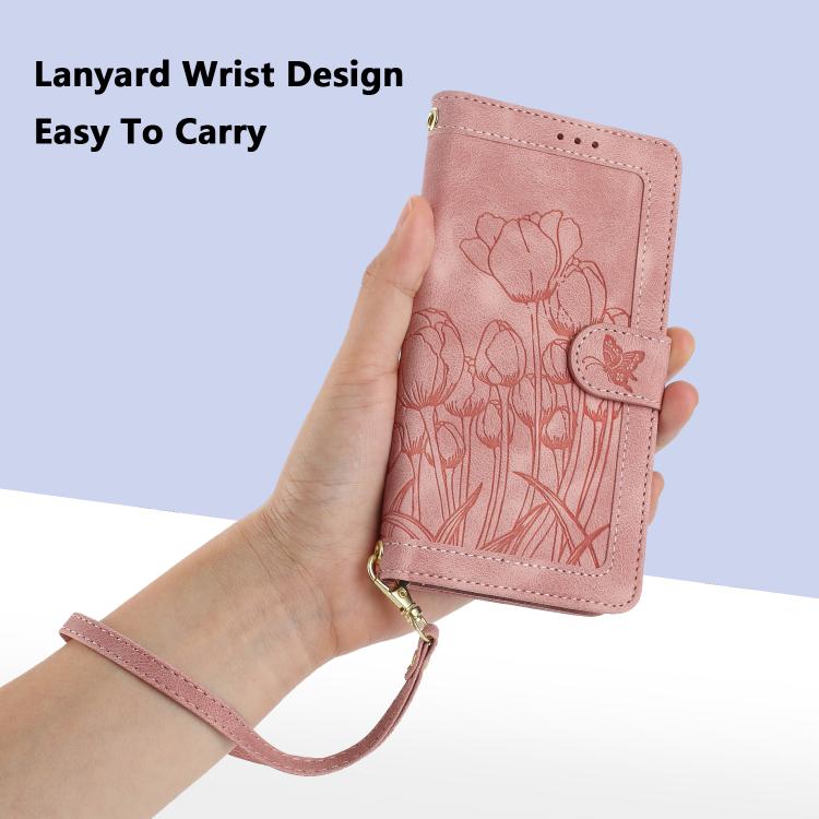 For Google Pixel 10 Tulips Embossed Leather Phone Case with Lanyard(Pink) - Google Cases by buy2fix | Online Shopping UK | buy2fix